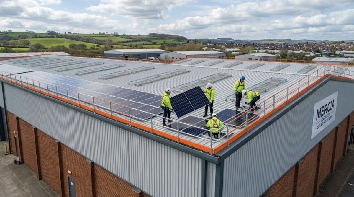 Installation partners fitting solar panels on a commercial warehouse roof
