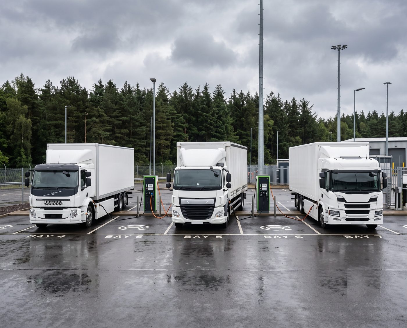 Electric HGV fleet charging at a UK depot rapid-charging station