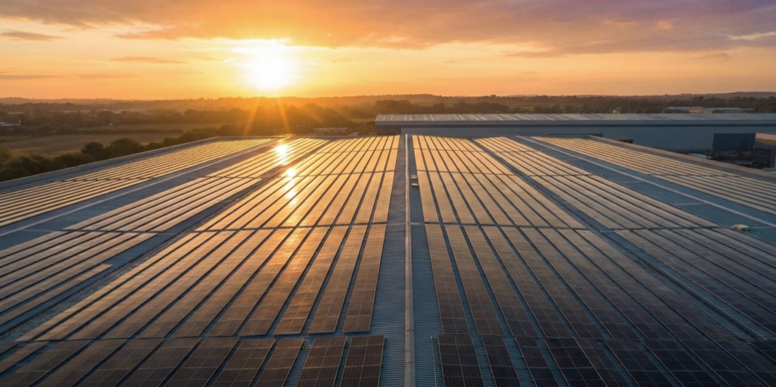 Commercial rooftop solar PV on a UK warehouse at sunset